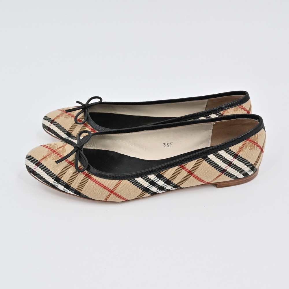 Burberry Nova Check Ballet Flats Womens Size 36.5 Bow Elegant Beige Black Italy - Picture 2 of 12
